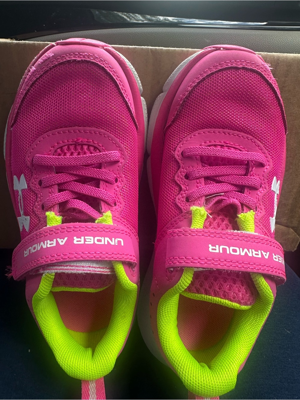 Under Armour Kids Hot Pink Athletic Sneaker with Neon Yellow Lining. Size 11.
